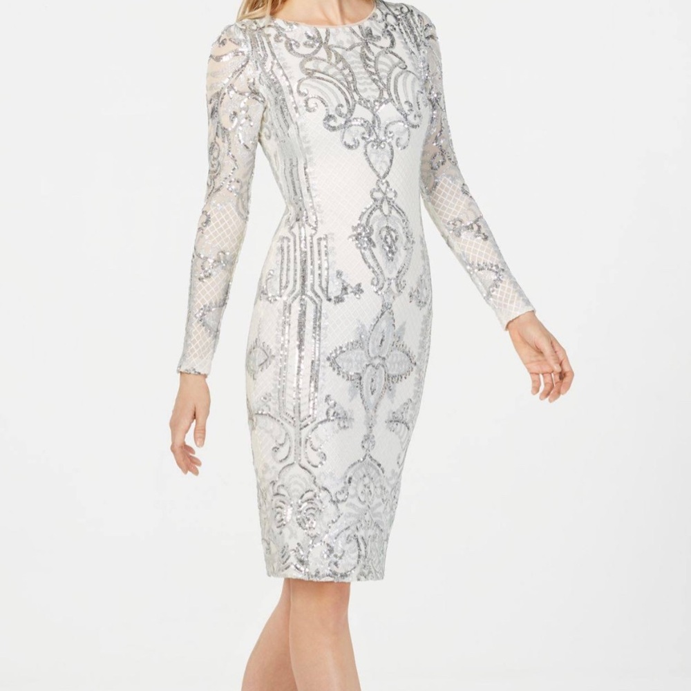 Betsy and Adam Embroidered Sequined White& Silver Long Sleeve Midi Dress-Size 2